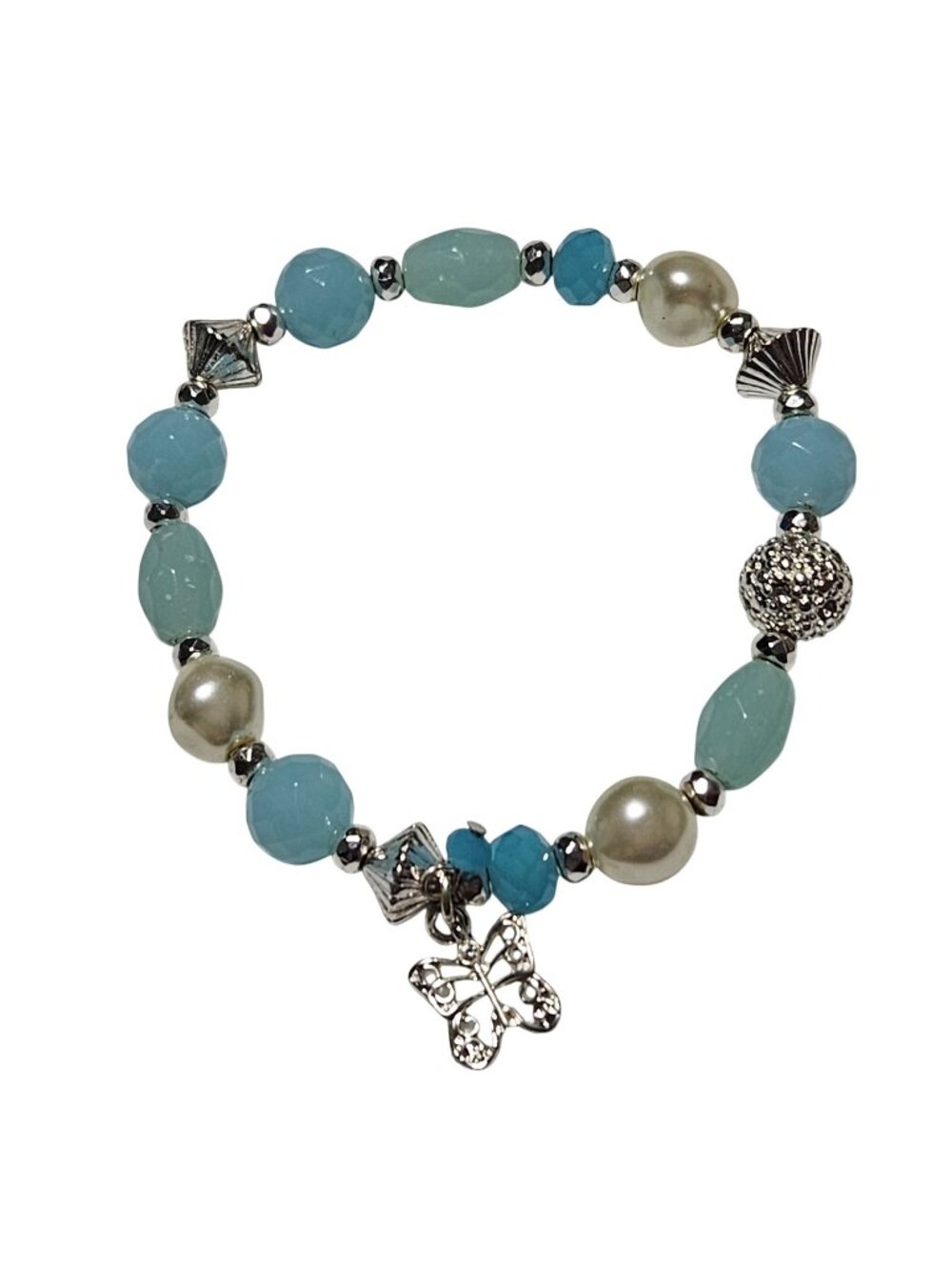 Handcrafted Beaded Bracelet  Butterfly Charm Aqua Beads Faux Pearls Boho Jewelry